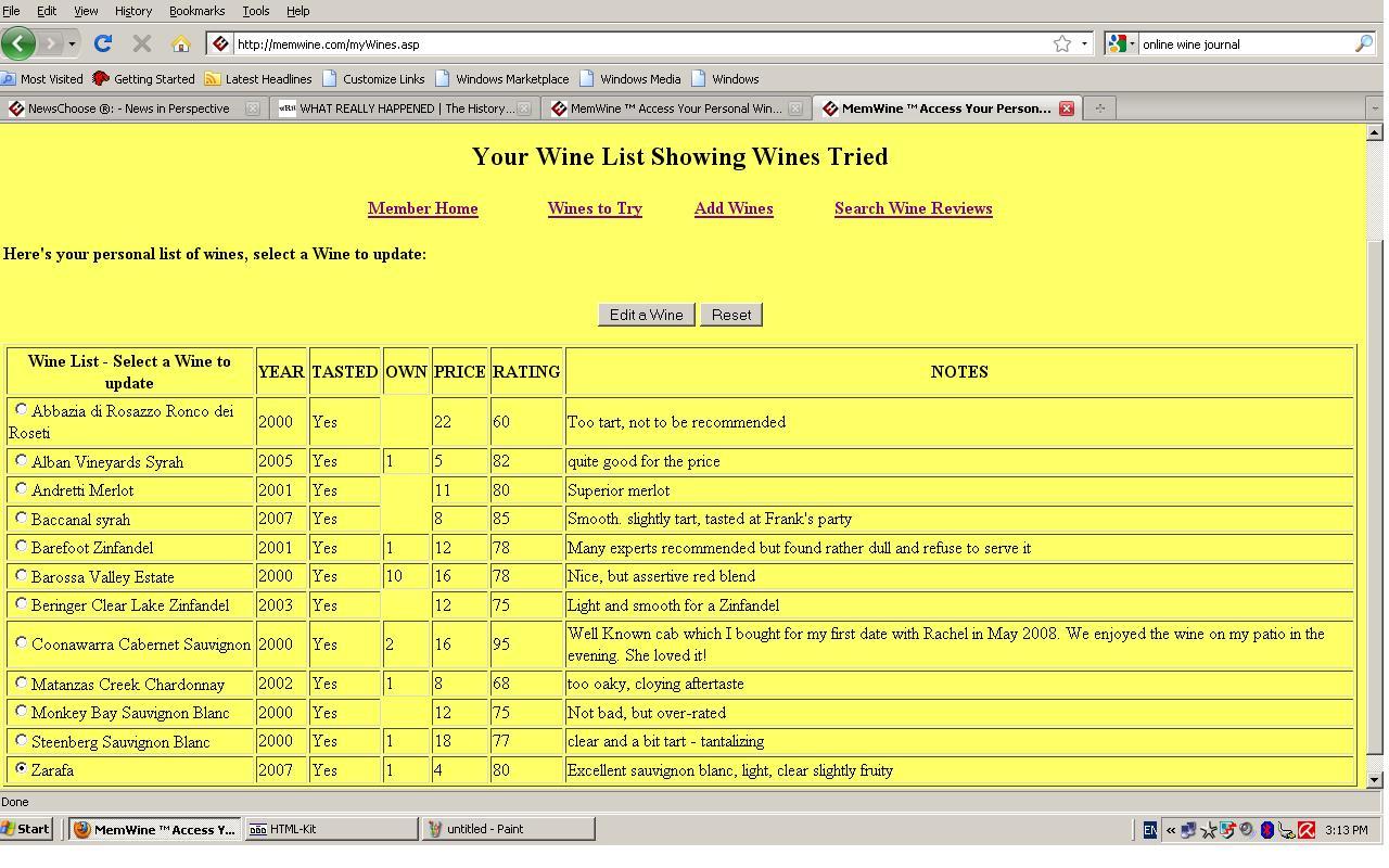 An Example of the My Wines Page from a Member's wine journal.